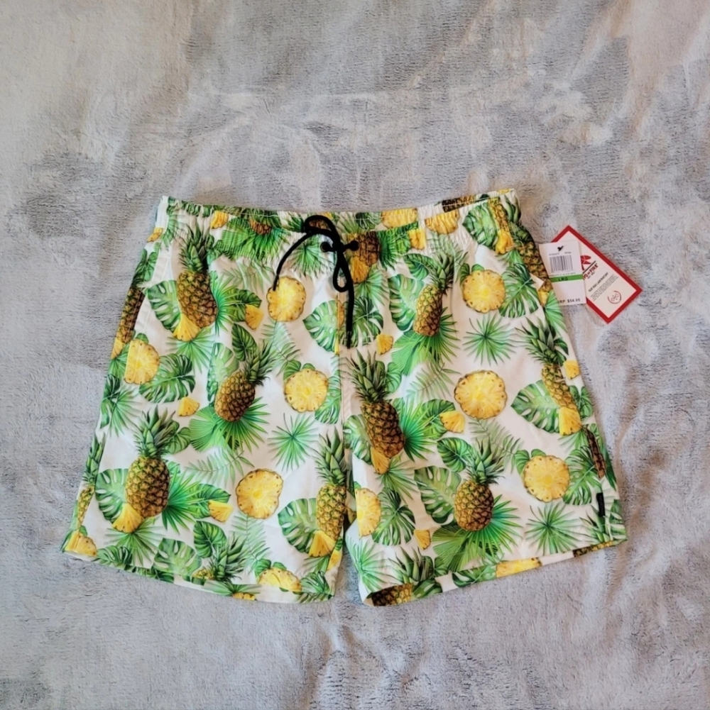 Ring of Fire Mens Size Large Pineapple Swim Trunks Swim Shorts Drawstring Waist